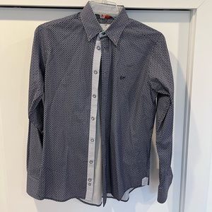 Men’s Medium Fugaro button-up, blue with small white paisley design